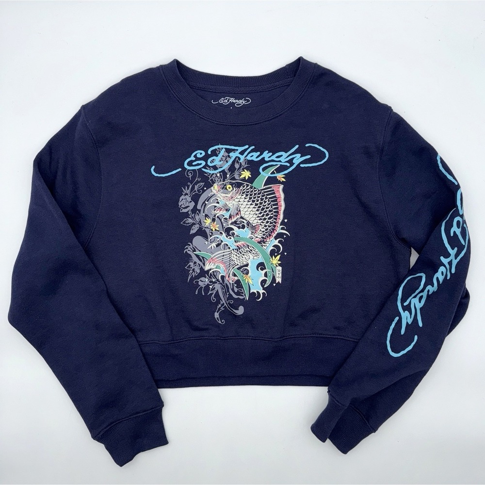 ED HARDY Koi Fish Cropped Pullover Sweatshirt Navy Eclipse Women's L